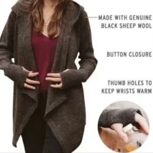 Betabrand Black Sheep Wool Alpaca Blend Wrap Cardigan Thumb Holes Button S/M